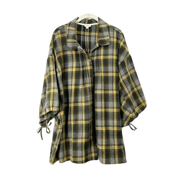 POL‎ button up boxy oversized plaid shirt top Size S green yellow boho - Picture 1 of 8